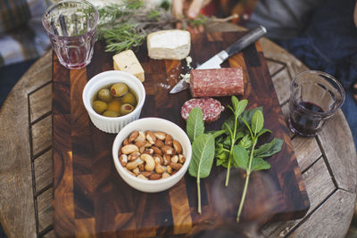 High angle view of food on wooden tray