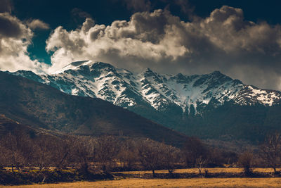 Scenic view of snowcapped mountains against sky