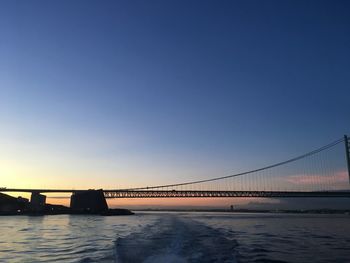 Suspension bridge over sea against clear sky