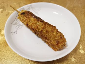 High angle view of cake in plate on table