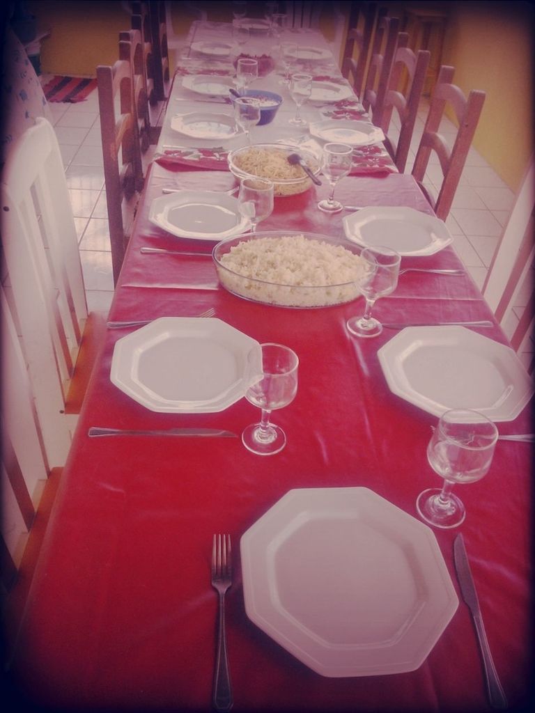 indoors, table, chair, high angle view, still life, absence, empty, food and drink, no people, plate, arrangement, in a row, auto post production filter, restaurant, day, close-up, seat, large group of objects, wood - material, place setting