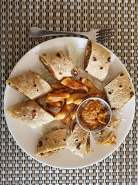 High angle view of breakfast served on table