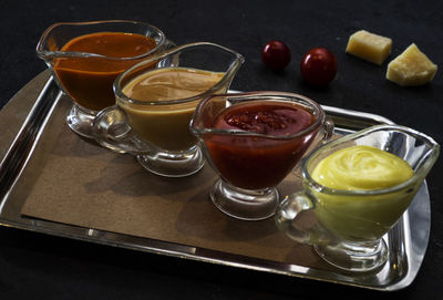 High angle view of drink in glass on table