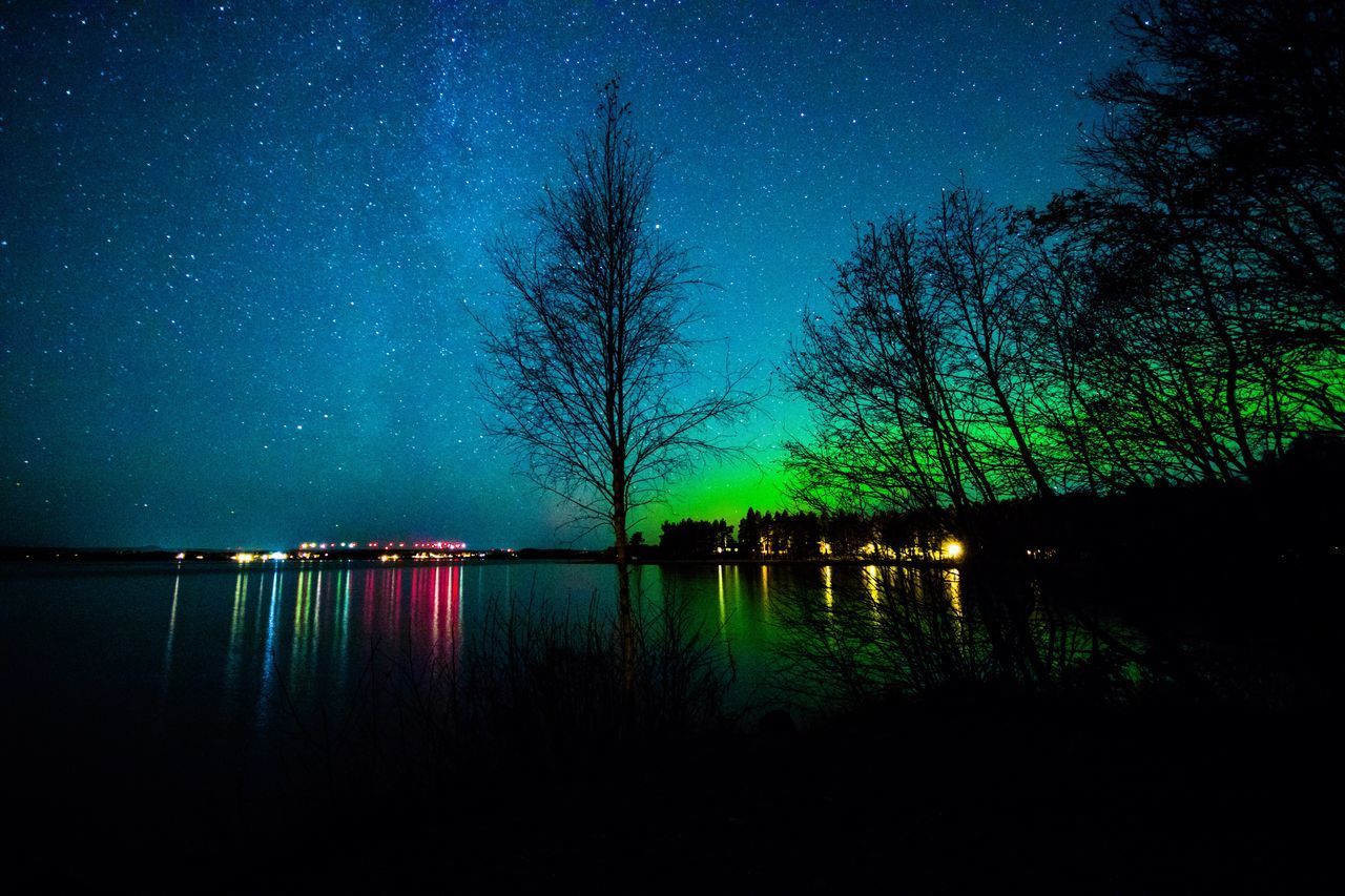 REFLECTION OF TREES IN LAKE AT NIGHT