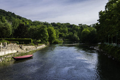 Scenic view of river amidst trees against sky