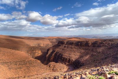 Scenic view of desert against cloudy sky