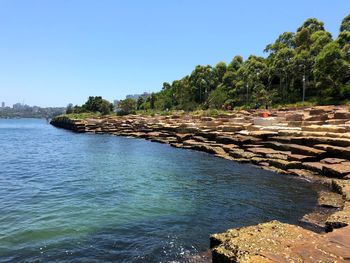 Scenic view of sea against clear blue sky