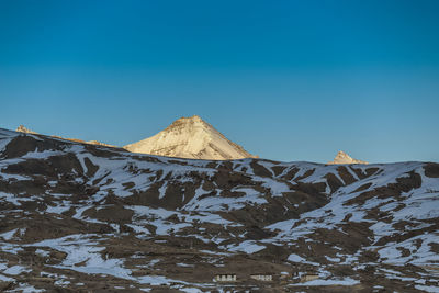 Scenic view of snowcapped mountains against clear blue sky