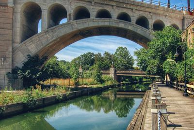 Arch bridge over river against sky