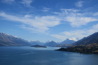 Scenic view of lake and mountains against sky