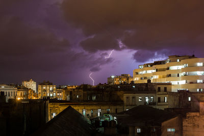 Illuminated buildings against cloudy sky
