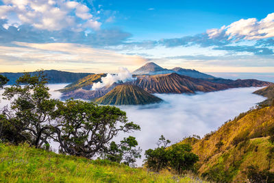 Scenic view of mountains against sky during sunset