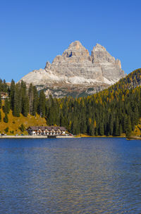 Scenic view of mountains against clear blue sky