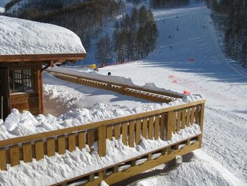 High angle view of snow covered field