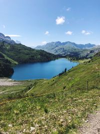 Scenic view of lake and mountains against sky