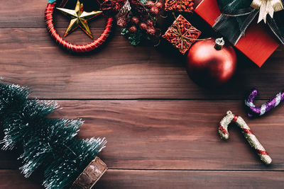 High angle view of christmas decoration on table