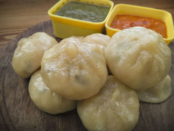 High angle view of potatoes in bowl on table