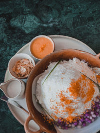 High angle view of breakfast served on table