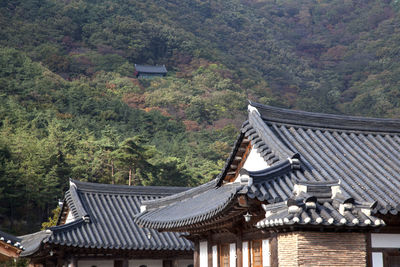 Roof of buddhism temple against mountain