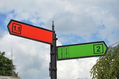 Low angle view of road sign against sky