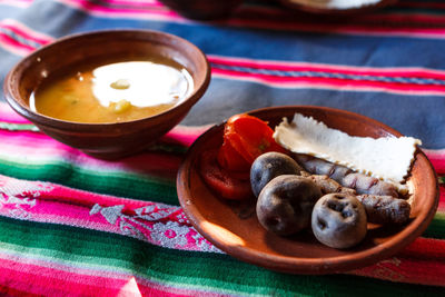 High angle view of dessert in plate on table