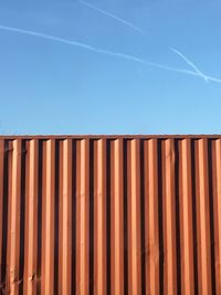 Low angle view of fence against clear blue sky