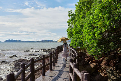 Rear view of asian woman holding umbrella and walking on walkway over the beach at mu ko phetra 