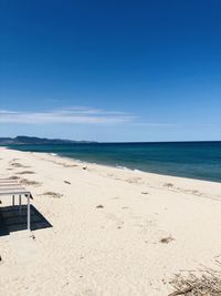 Scenic view of beach against clear blue sky