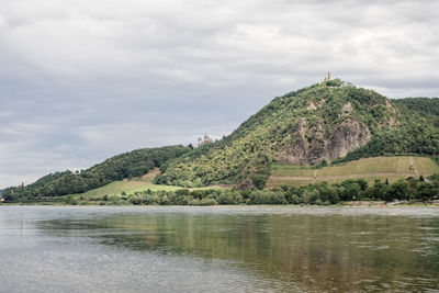 Scenic view of hills by river against sky