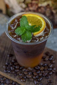 High angle view of drink in glass on table