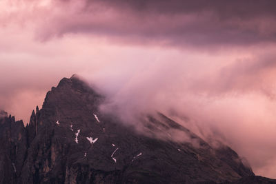 Scenic view of mountains against cloudy sky during sunset