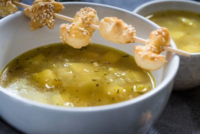 High angle view of soup in bowl on table