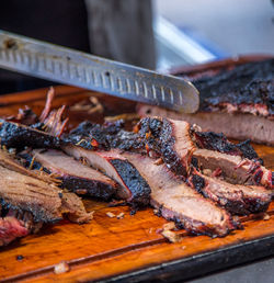 Close-up of meat on barbecue grill