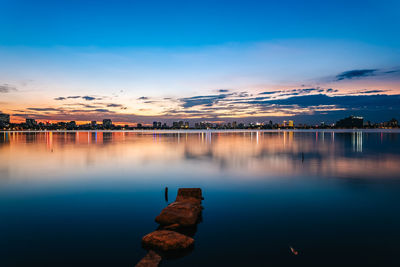 Scenic view of lake against sky during sunset