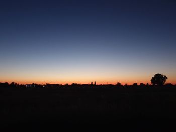 Silhouette trees on landscape against clear sky during sunset