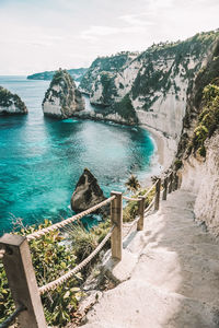 High angle view of rocks by sea against sky