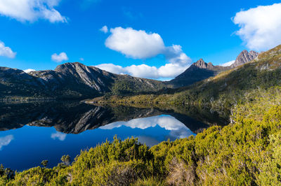 Scenic view of lake and mountains against sky