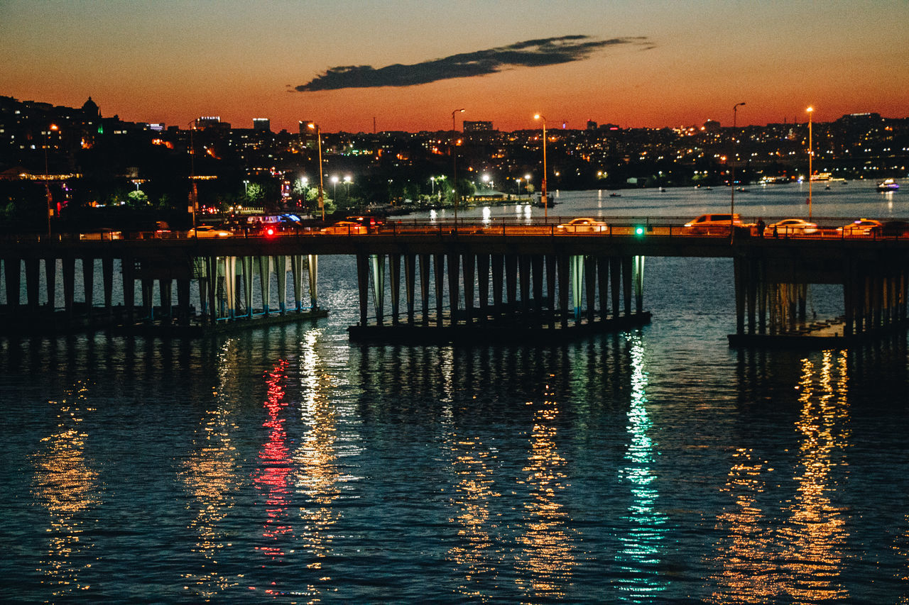 ILLUMINATED CITY BY RIVER AGAINST SKY AT SUNSET