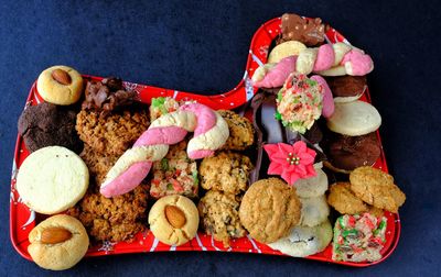 High angle view of cookies on table