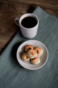 High angle view of breakfast served on table