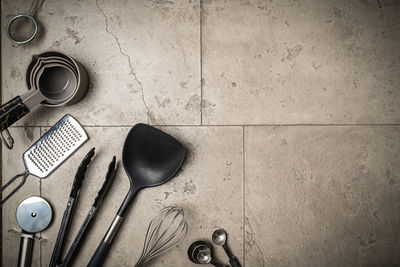 Directly above shot of kitchen equipment on table