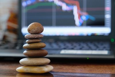 Close-up of stack on table