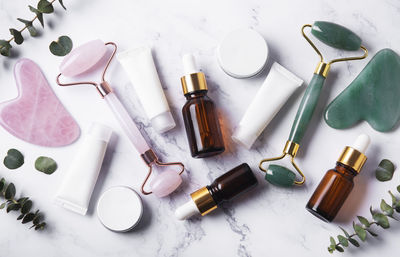 High angle view of beauty products on table