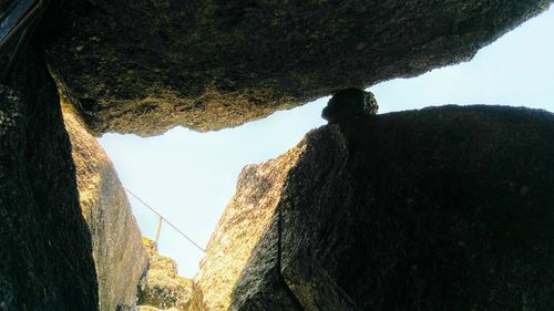 Low angle view of rock formation against sky