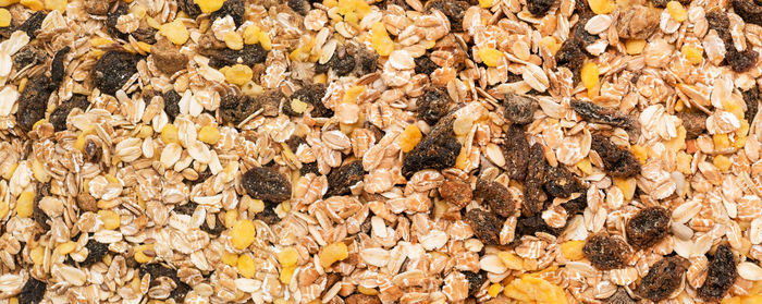 Closeup top view muesli background.