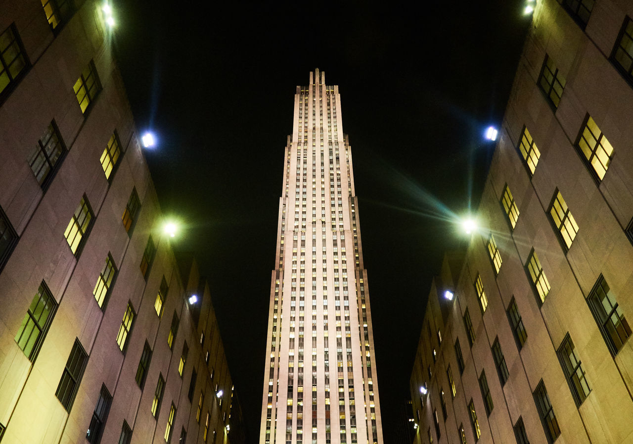 LOW ANGLE VIEW OF ILLUMINATED BUILDING