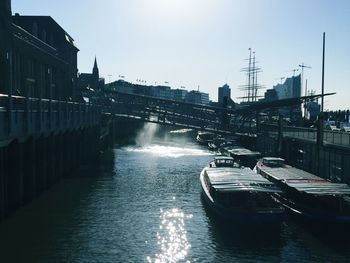 Boats moored in river