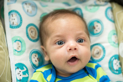 Close-up of cute boy in stroller