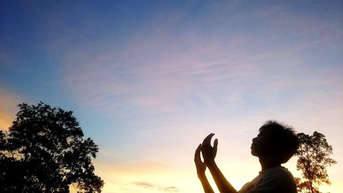 Silhouette woman holding plant against sky during sunset