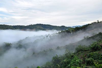 Scenic view of waterfall against sky